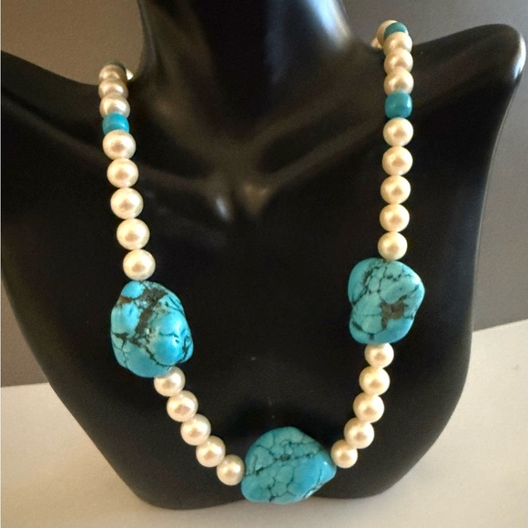 Turquoise Necklace W 7mm Cultutred Pearls Sterling Silver Clasp - Picture 3 of 6